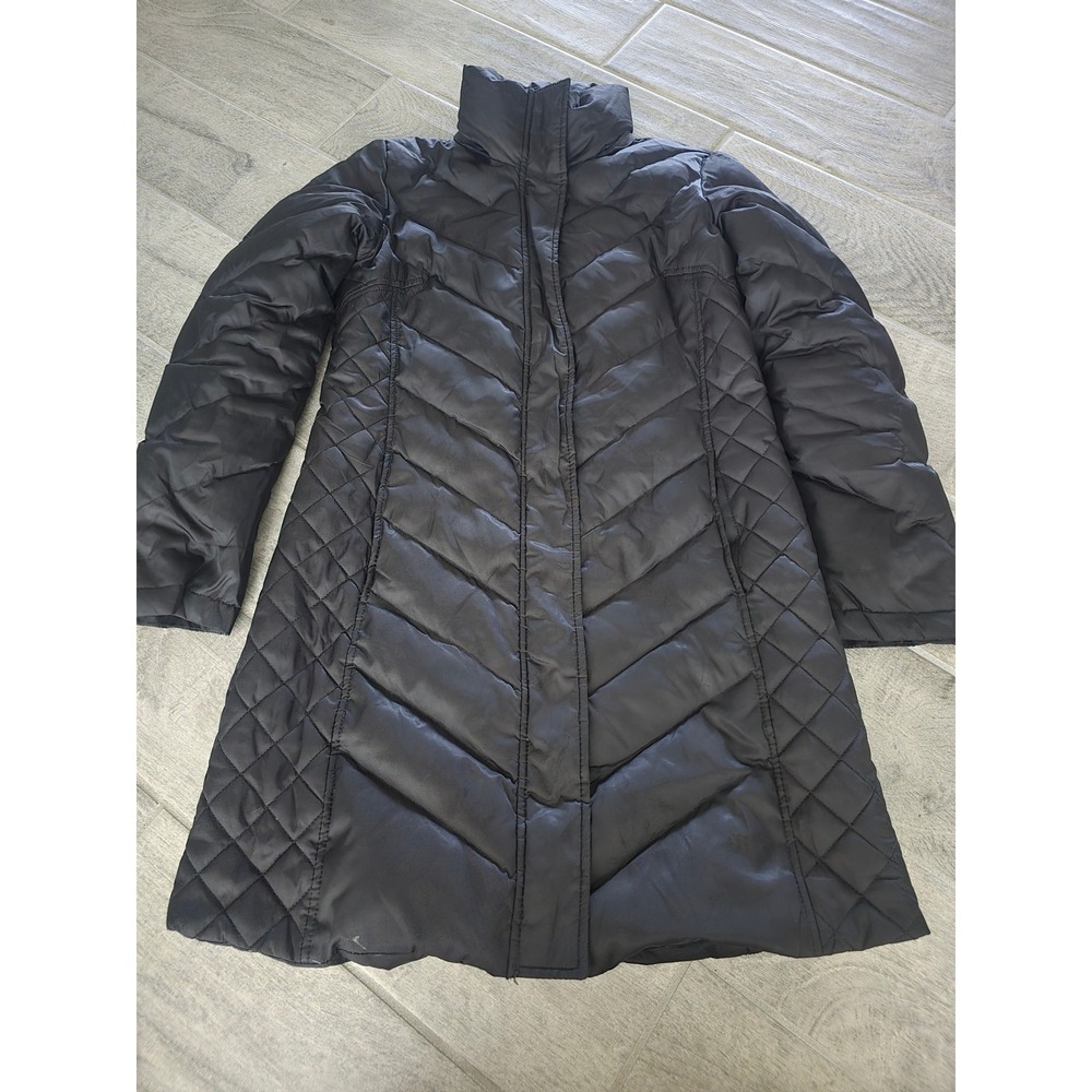 Kenneth Cole Reaction Womens Black Quilted Down Puffer Coat Funnel Neck Small